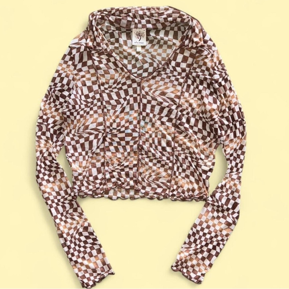 Brown and White Checkered Mesh Long Sleeve Top
